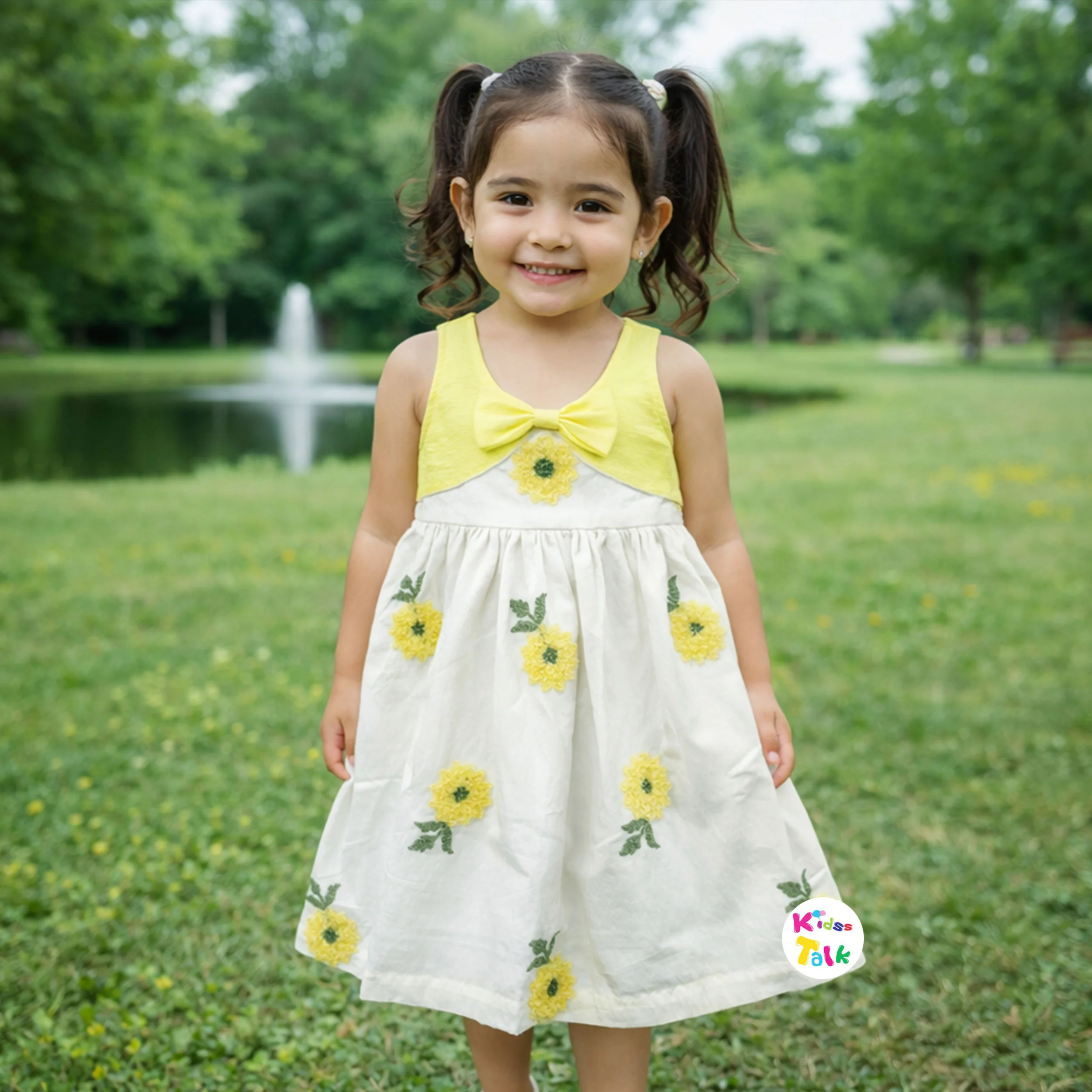 Soft Cotton Sleeveless Frock With Cute Embroidered - Lemon Yellow